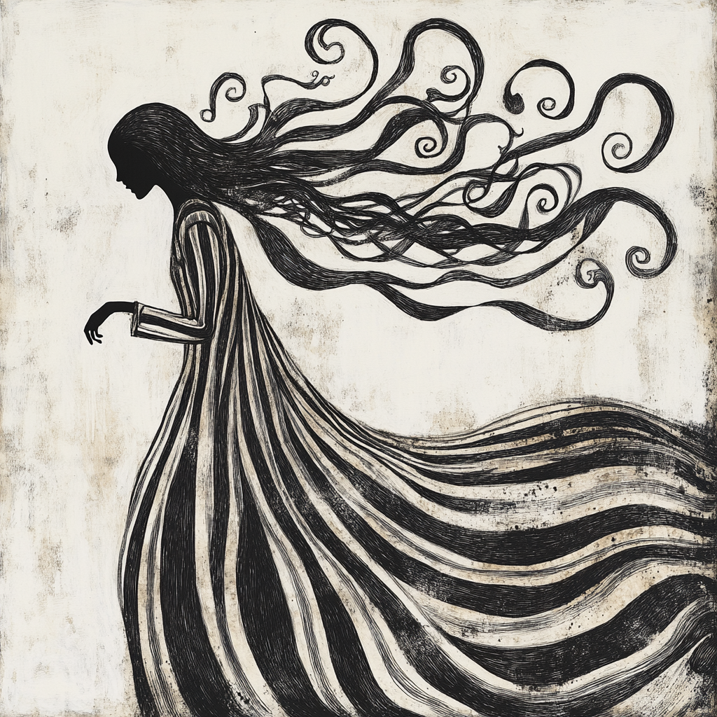 An Enigmatic, Flowing Figure: Eerie Whimsy in Art.