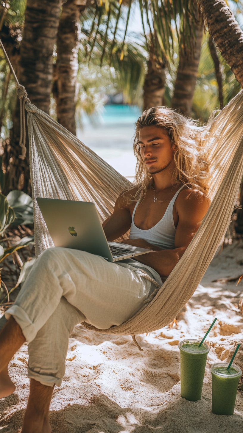 An Entrepreneur relaxing in a tropical garden with laptop