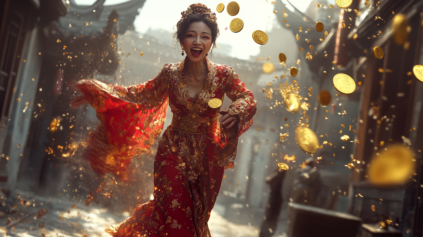 An Evil Chinese Woman in Red Dress Dancing