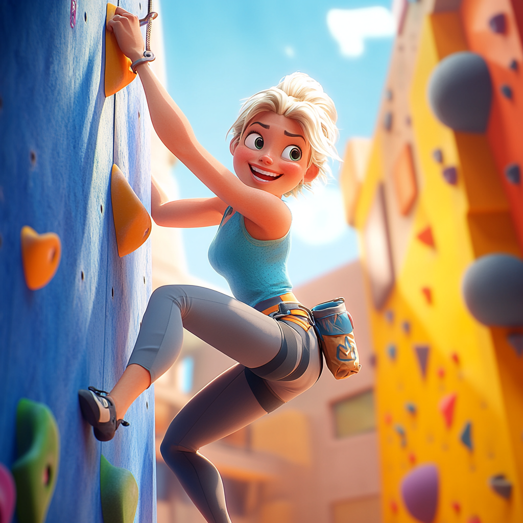 An Excited Woman Climbing a Gym Wall