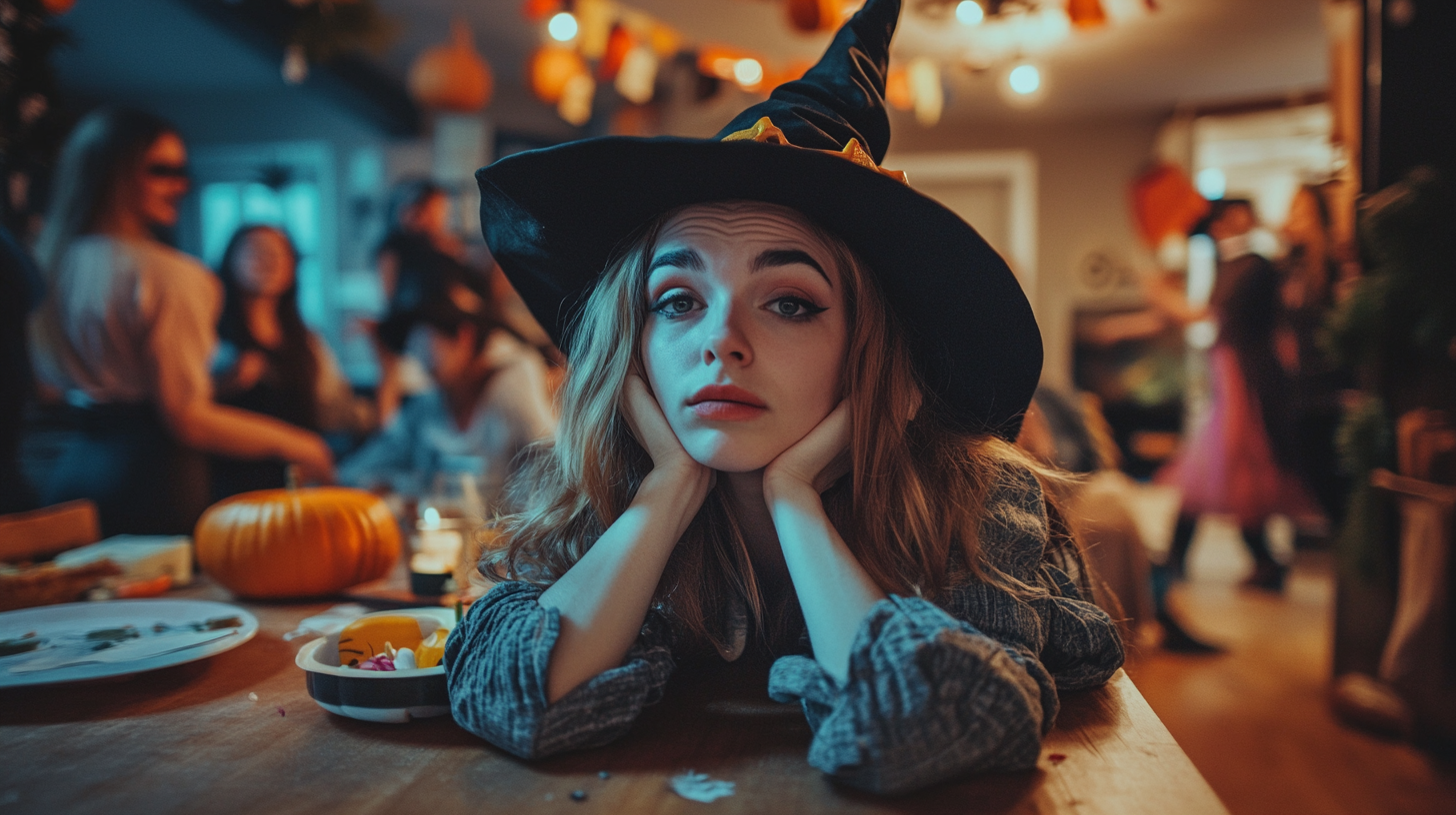 An Exhausted Witch at a Festive Halloween Party