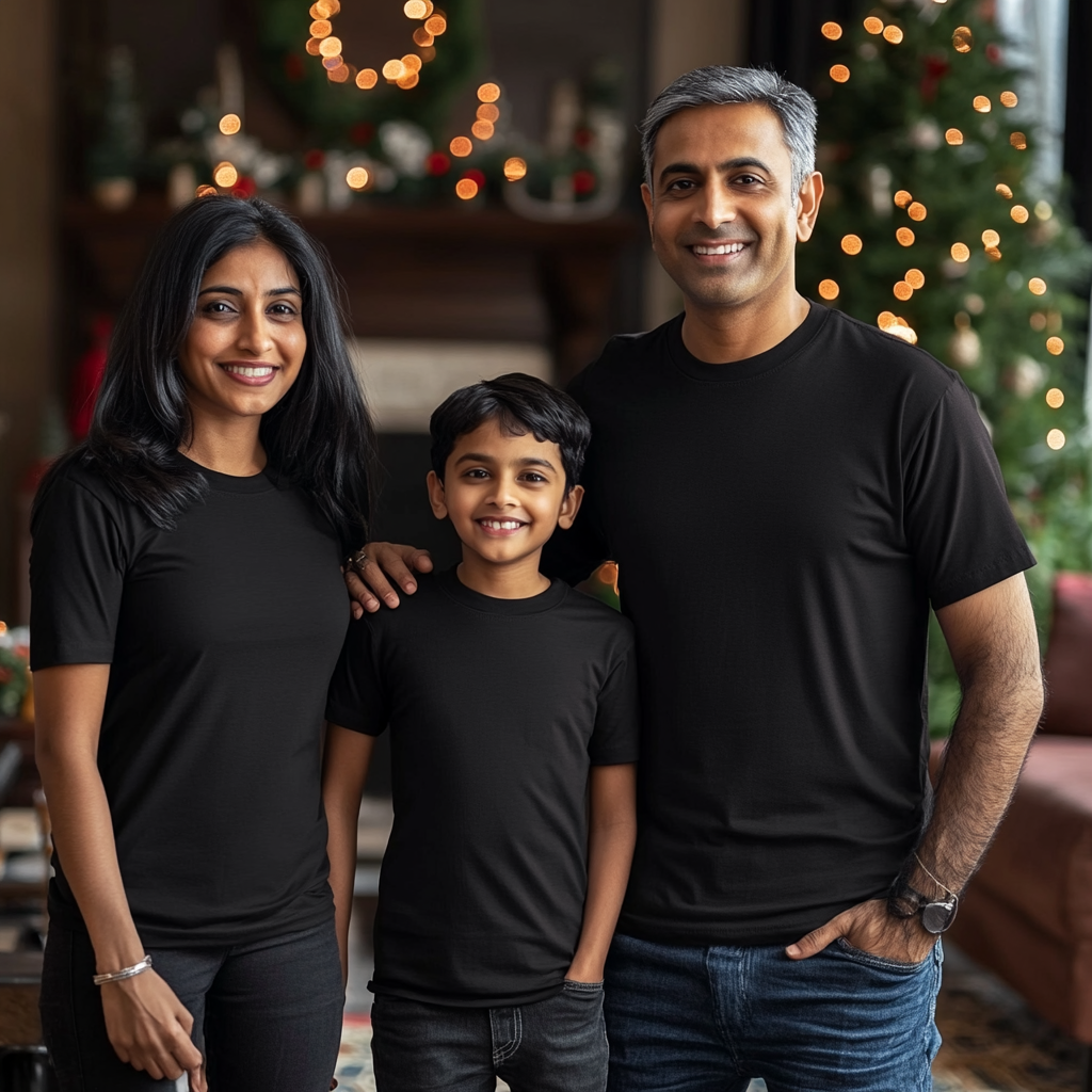 An Indian family posing together in Christmas scene.