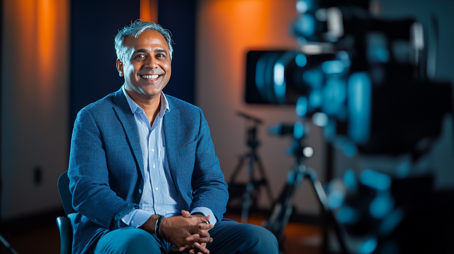 An Indian man smiles in an interview