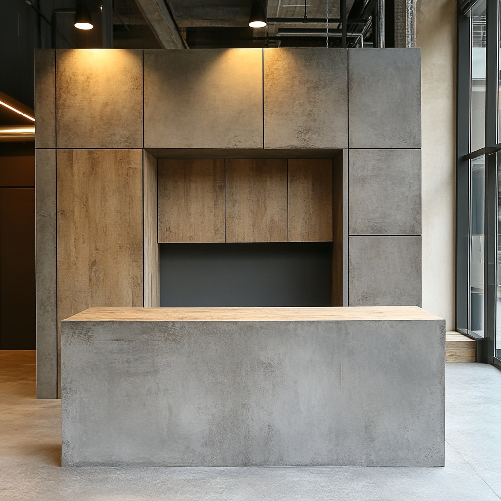 An Industrial Style Foyer with Concrete Kitchen