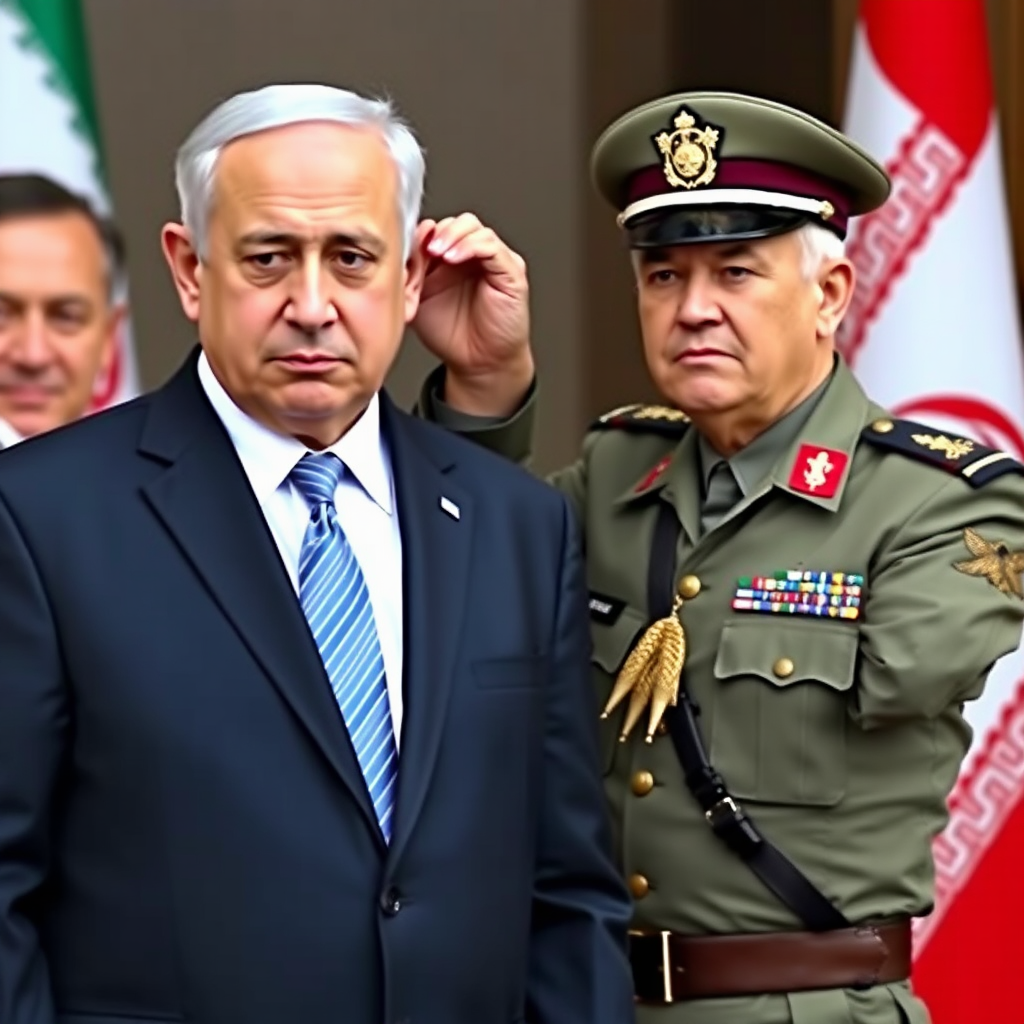 An Iranian Soldier Holds Netanyahu's Ear Firmly.