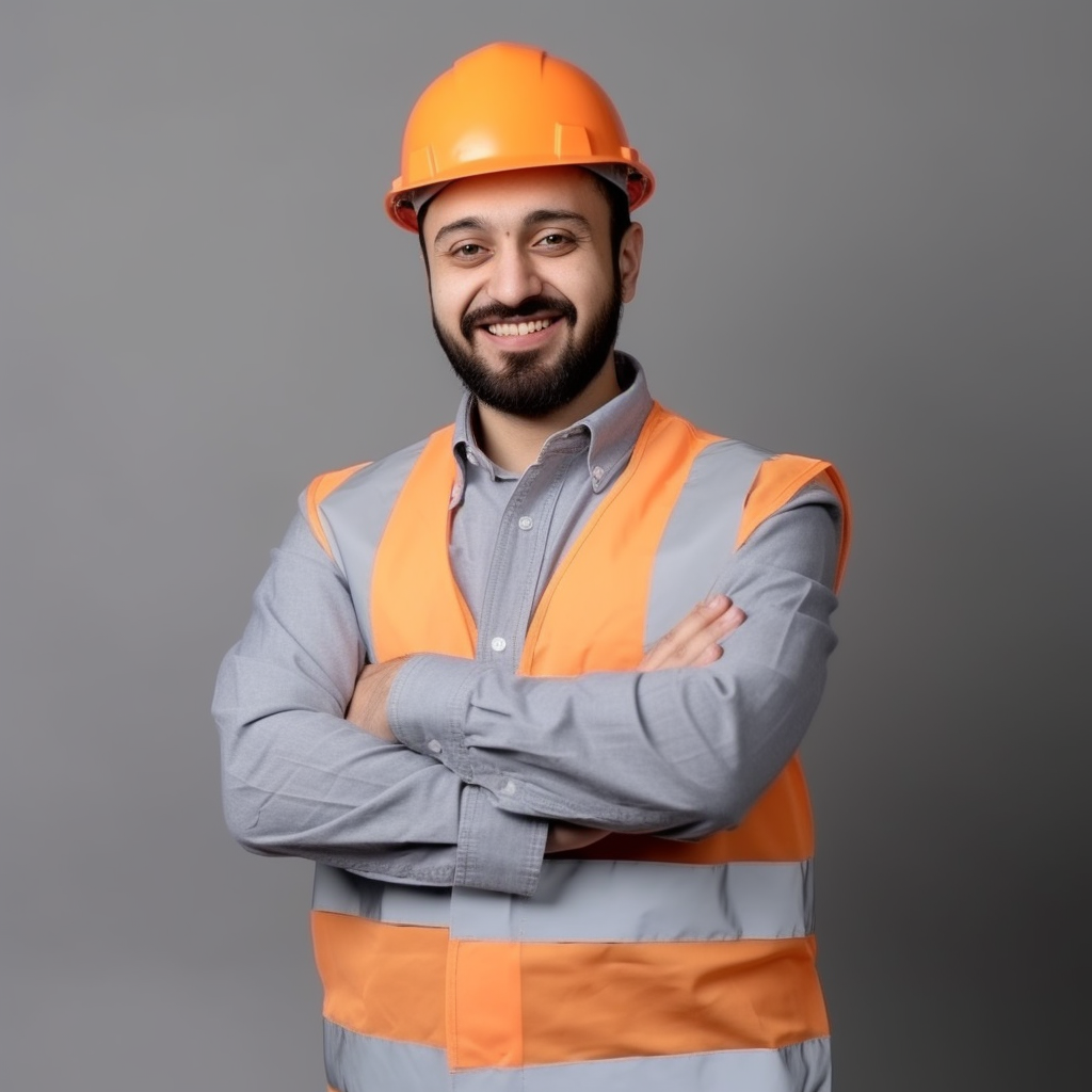 An Iranian construction engineer in uniform smiling.