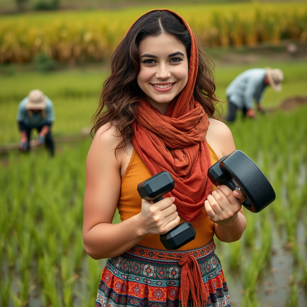 An Iranian girl with big muscles holds dumbbell.