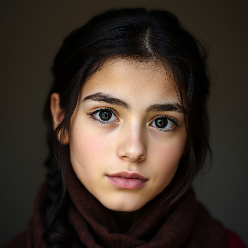 An Iranian girl with long black eyebrows and wavy hair.