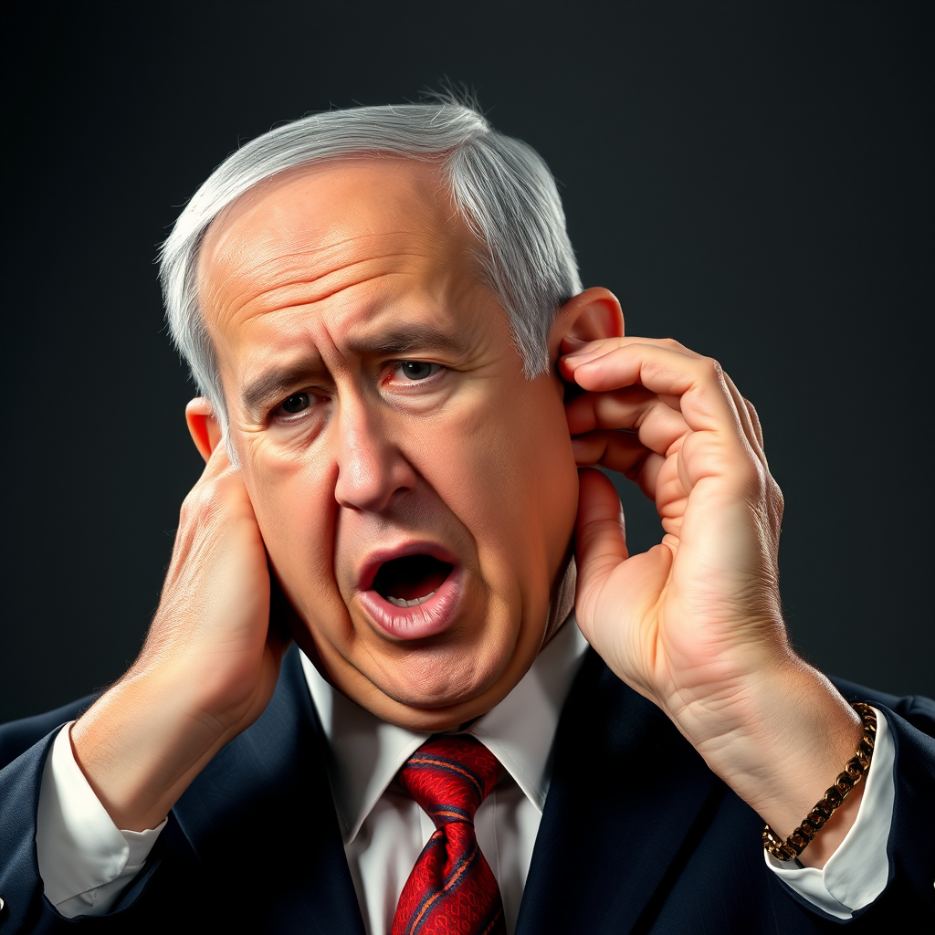 An Iranian person twisting Netanyahu's ear, causing shouting.