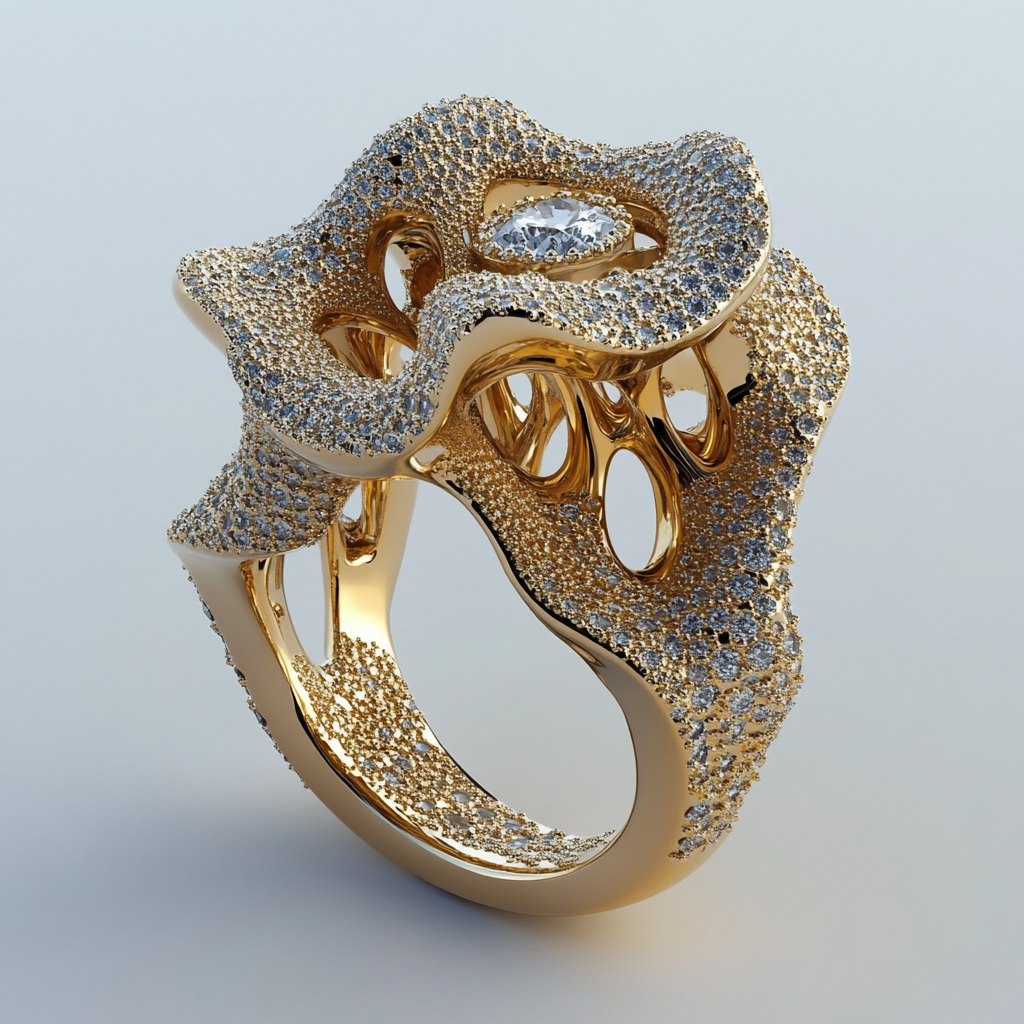 An Irregular Abstract Osmanthus-themed Gold Ring with Diamonds