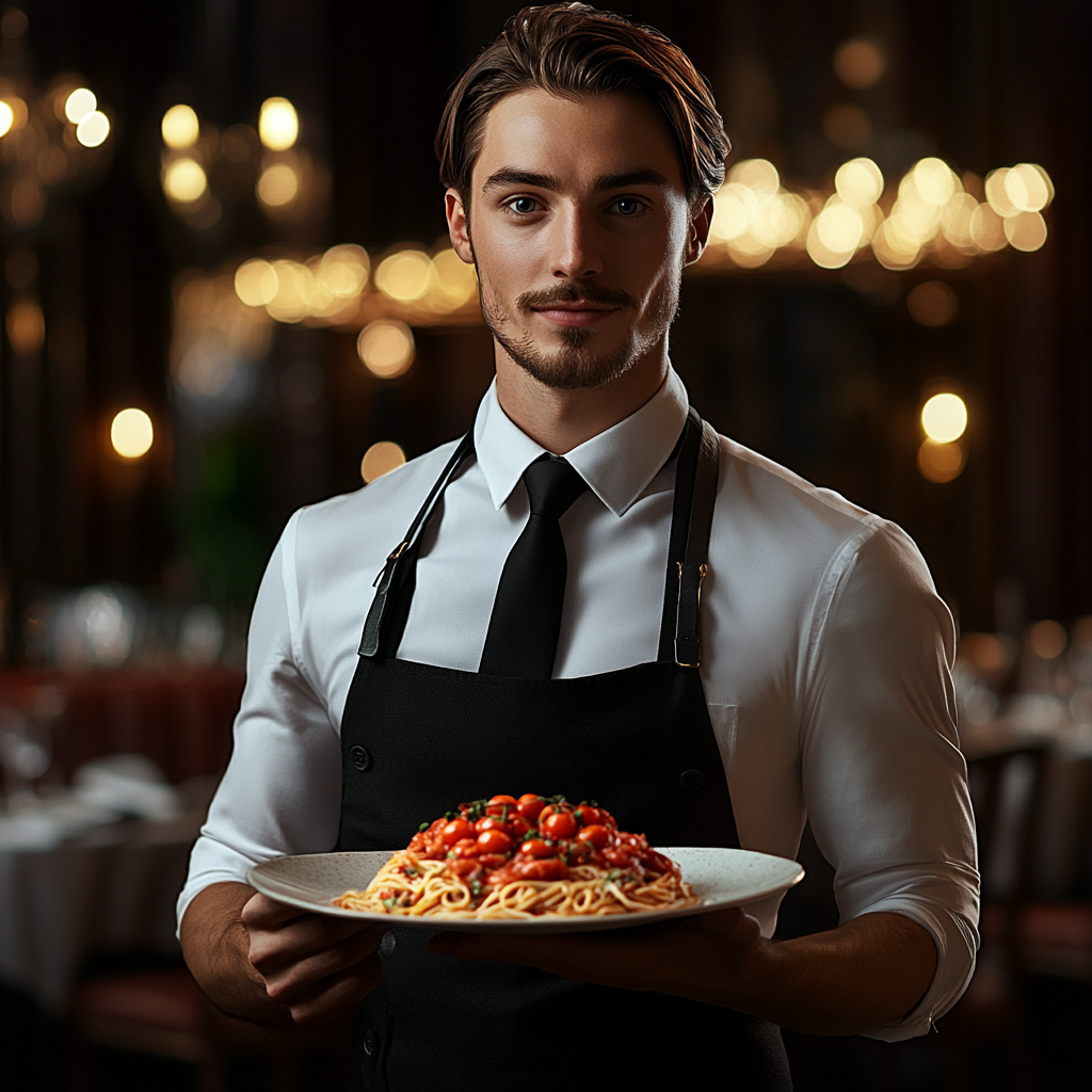 An Italian waiter serving tomato pasta in luxury.