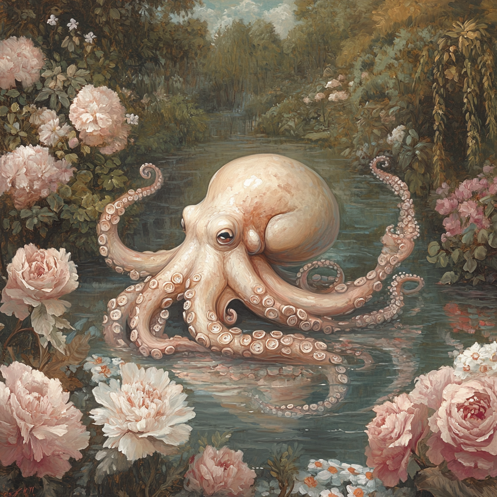 An Octopus in a Garden Pond Painting.