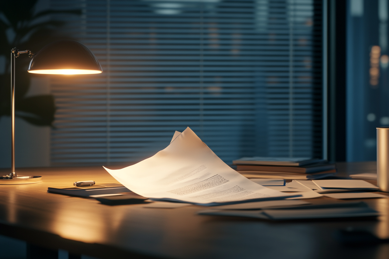 An Office Desk with Torn Documents