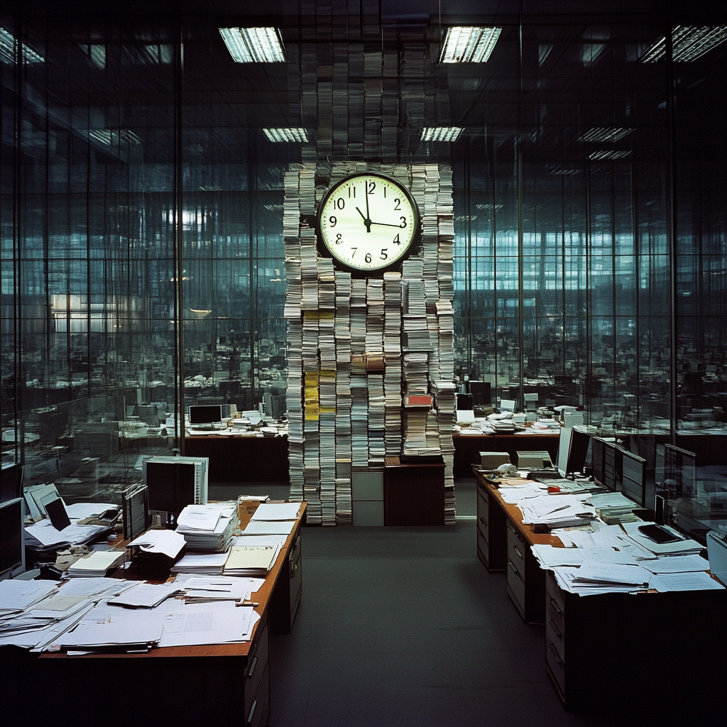 An Office with Endless Surveillance Feeds and Documents