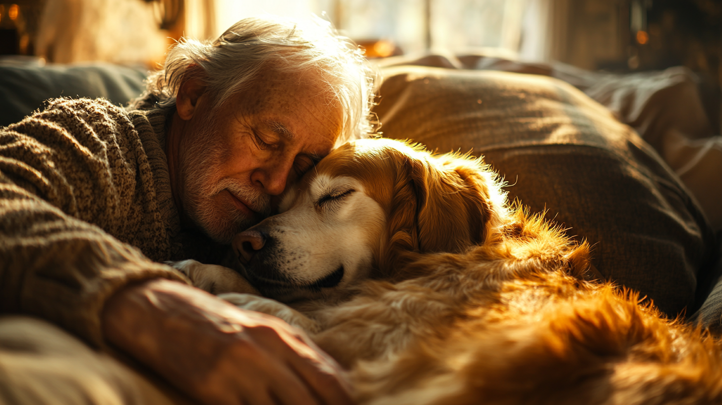 An Old Man Caring for His Dog