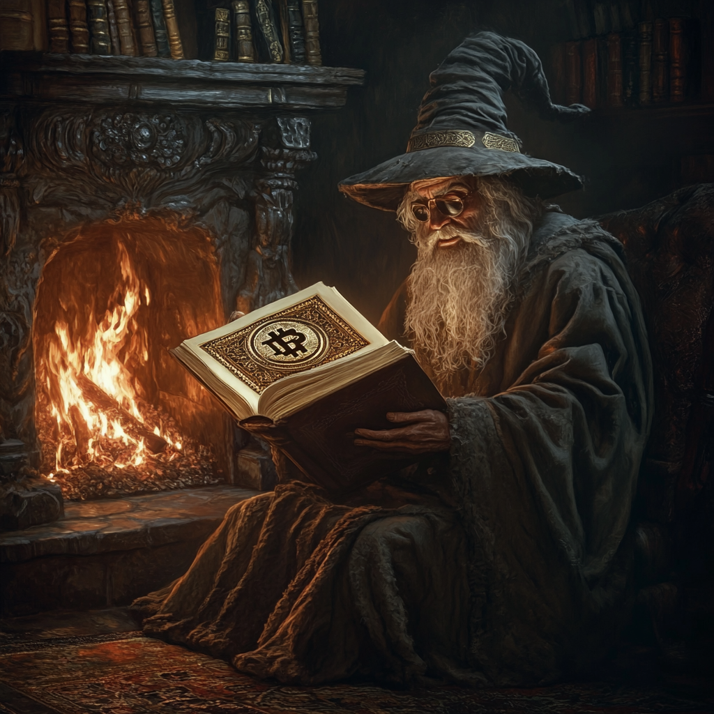 An Old Wizard Reading Bitcoin Book by Fireplace