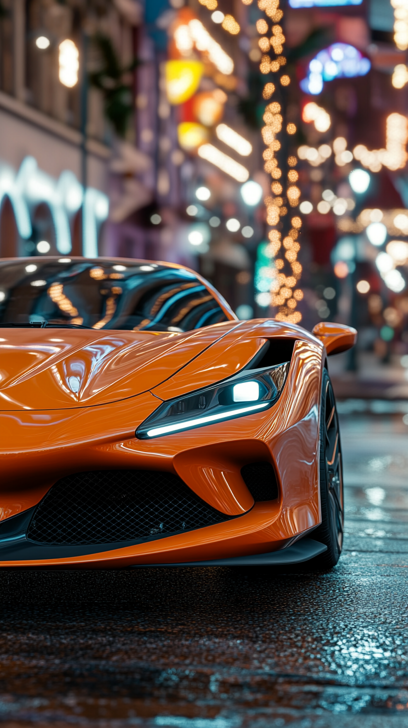 An Orange Ferrari F8 Tributo in City Twilight