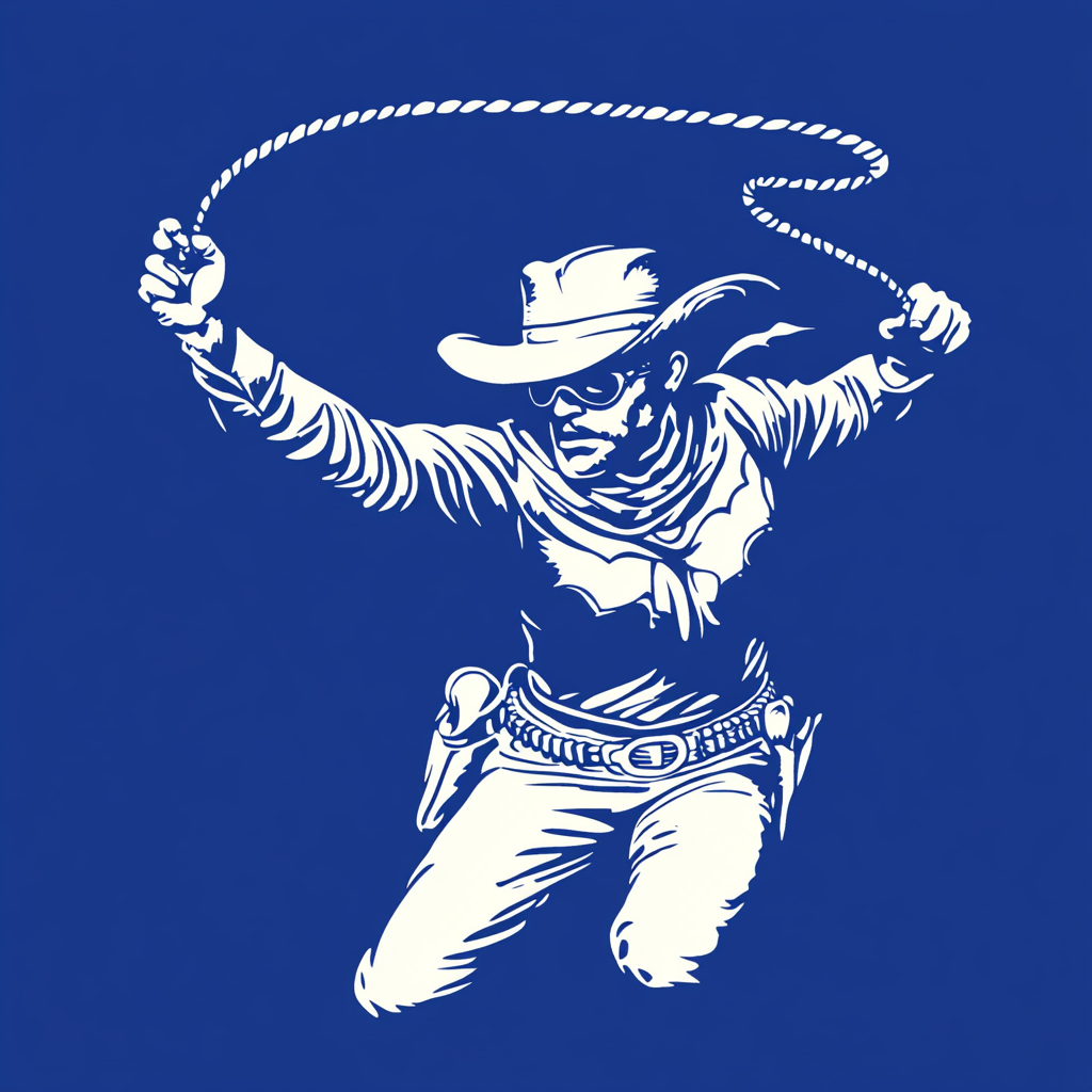 An Outlaw Cowboy Throws Lasso on Blue Background