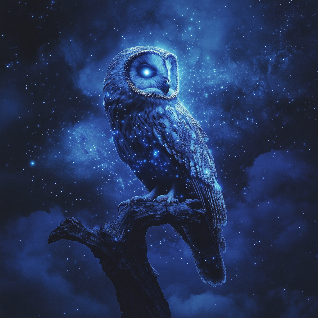 An Owl on a Branch Under Starry Sky