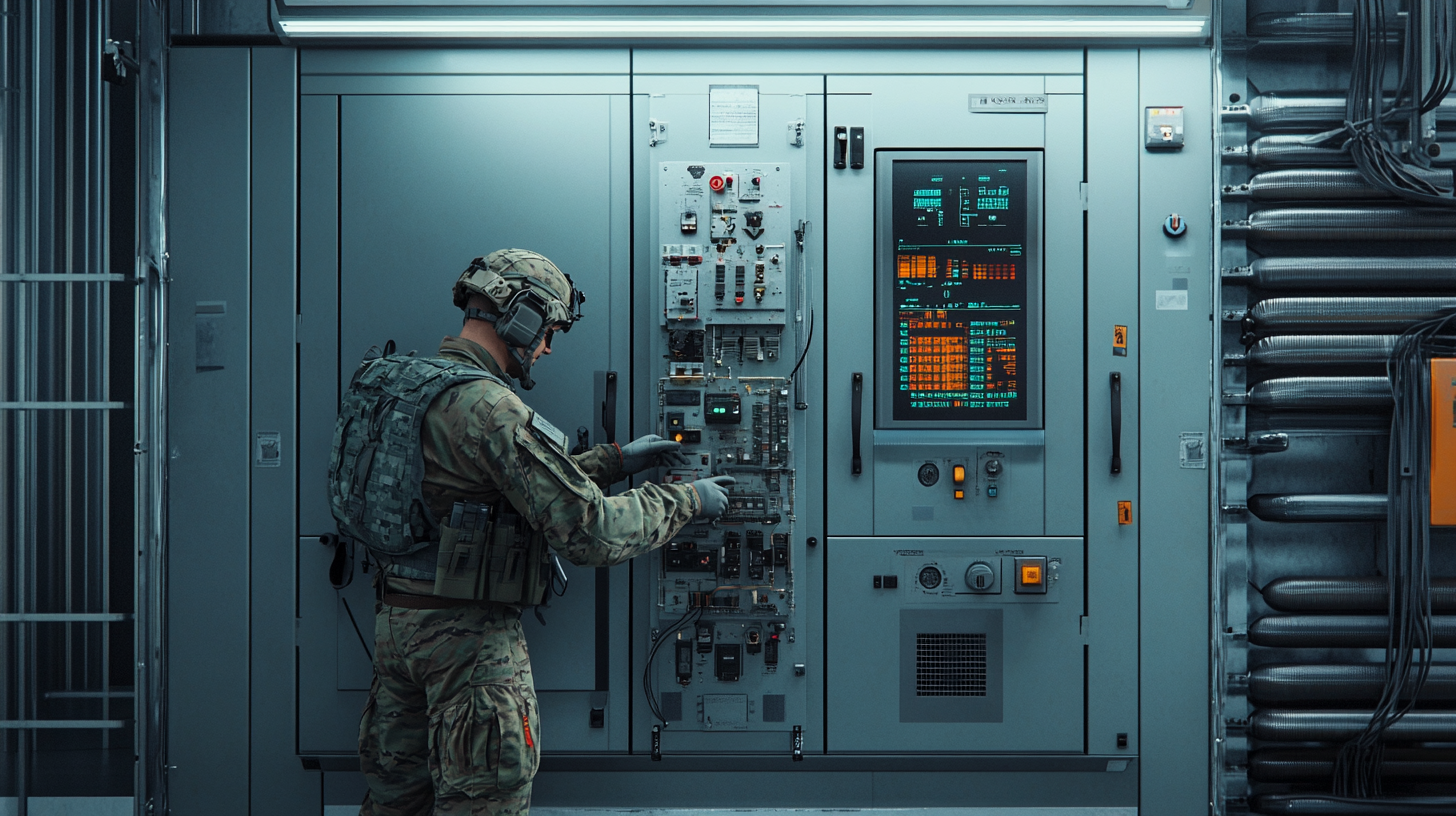 An US soldier fixing electrical cabinet in 8K.