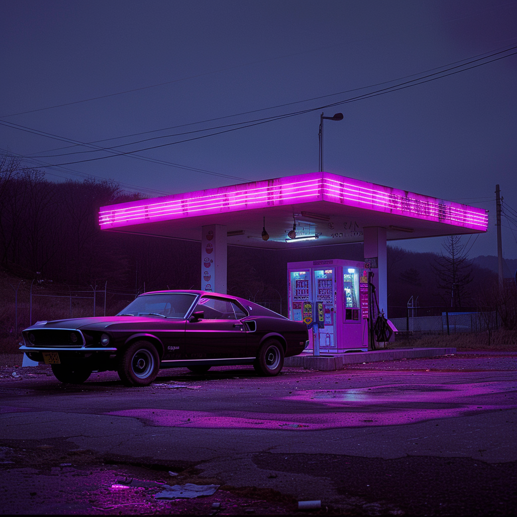 An abandoned petrol station in Seoul at night