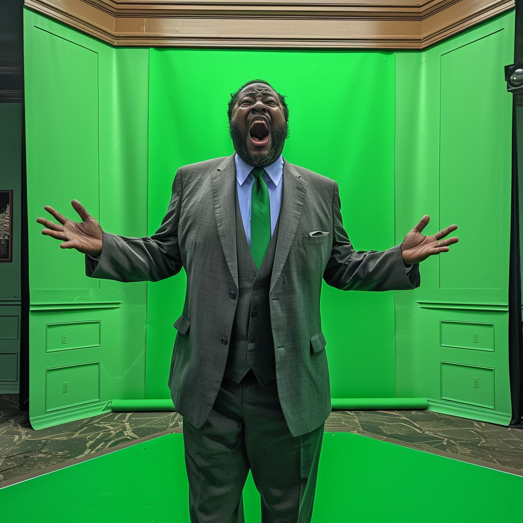 An actor yells at green screen in lawyer’s office