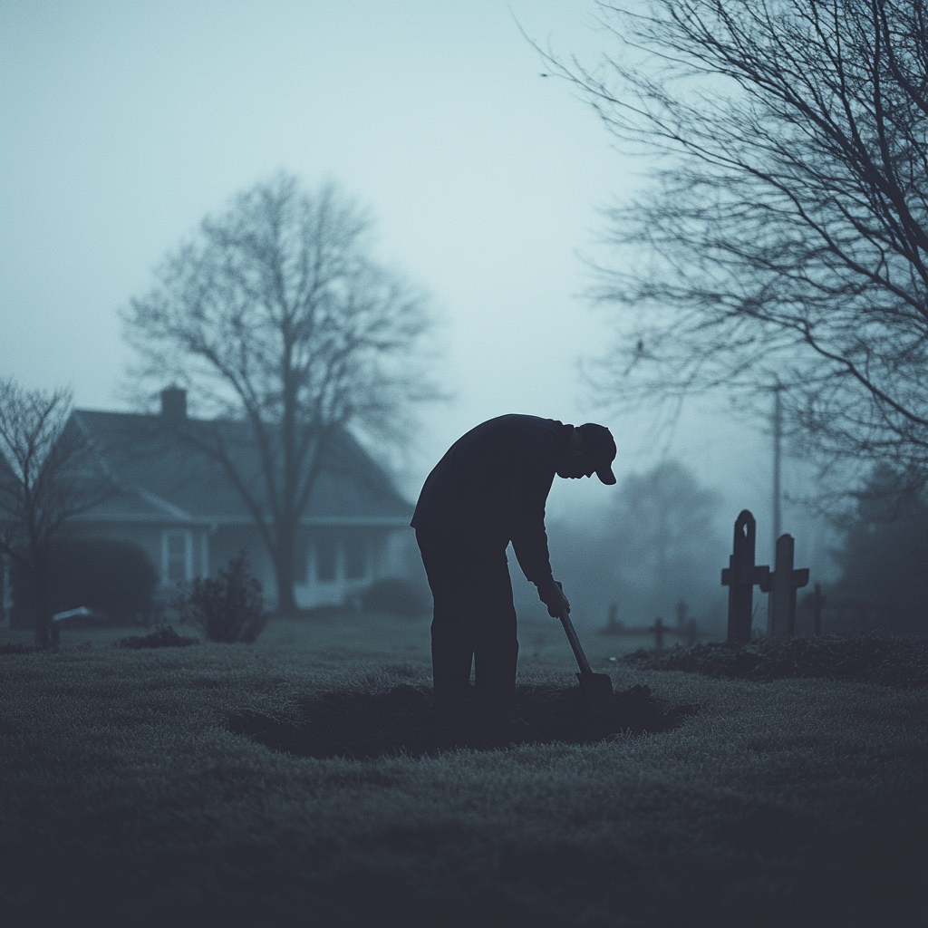 An adult man digging a grave outside.