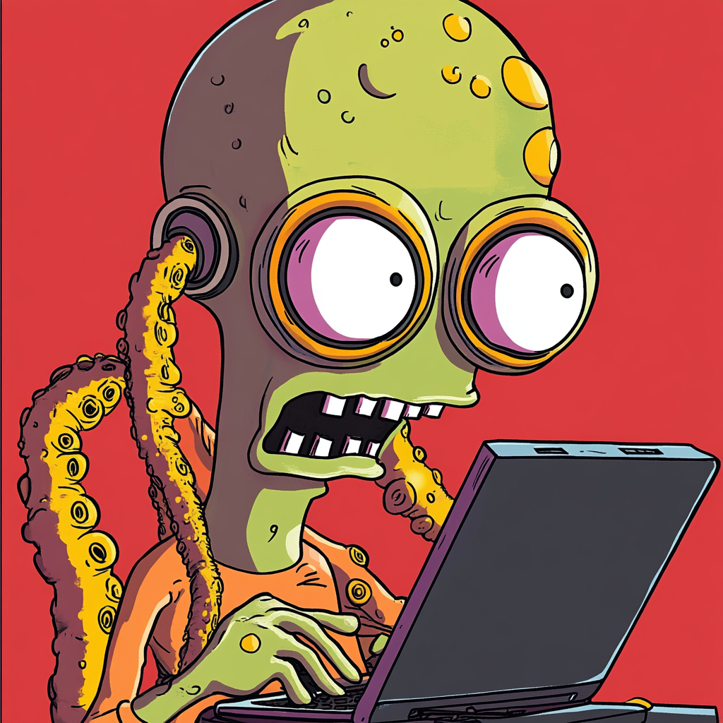 An alien with tentacles using laptop cartoon character.