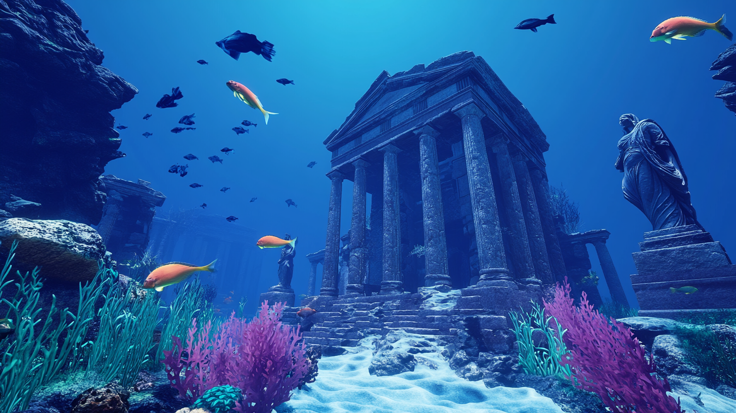 An ancient underwater Greek city with vibrant marine life