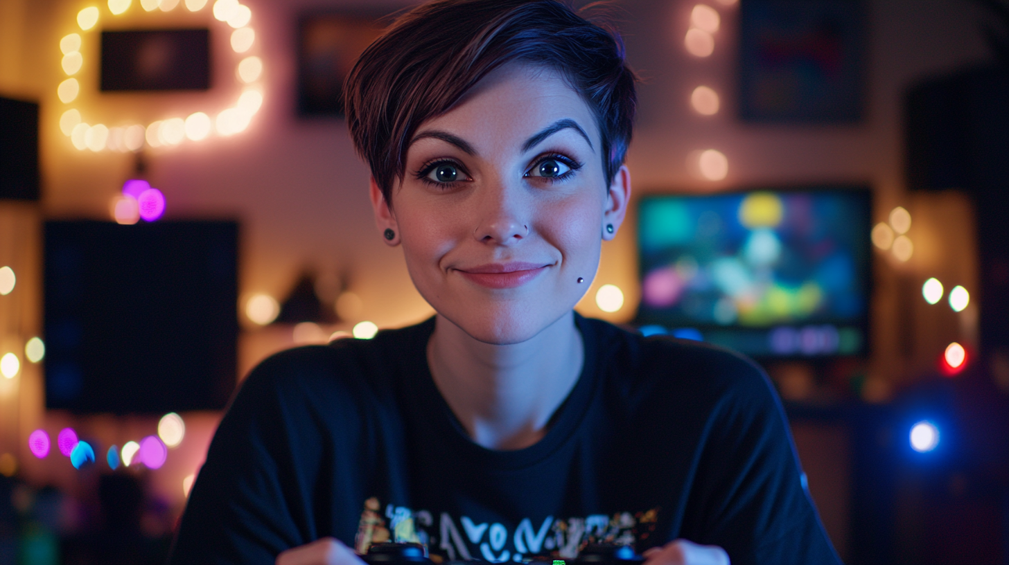 An androgynous gamer smiling on Twitch stream.