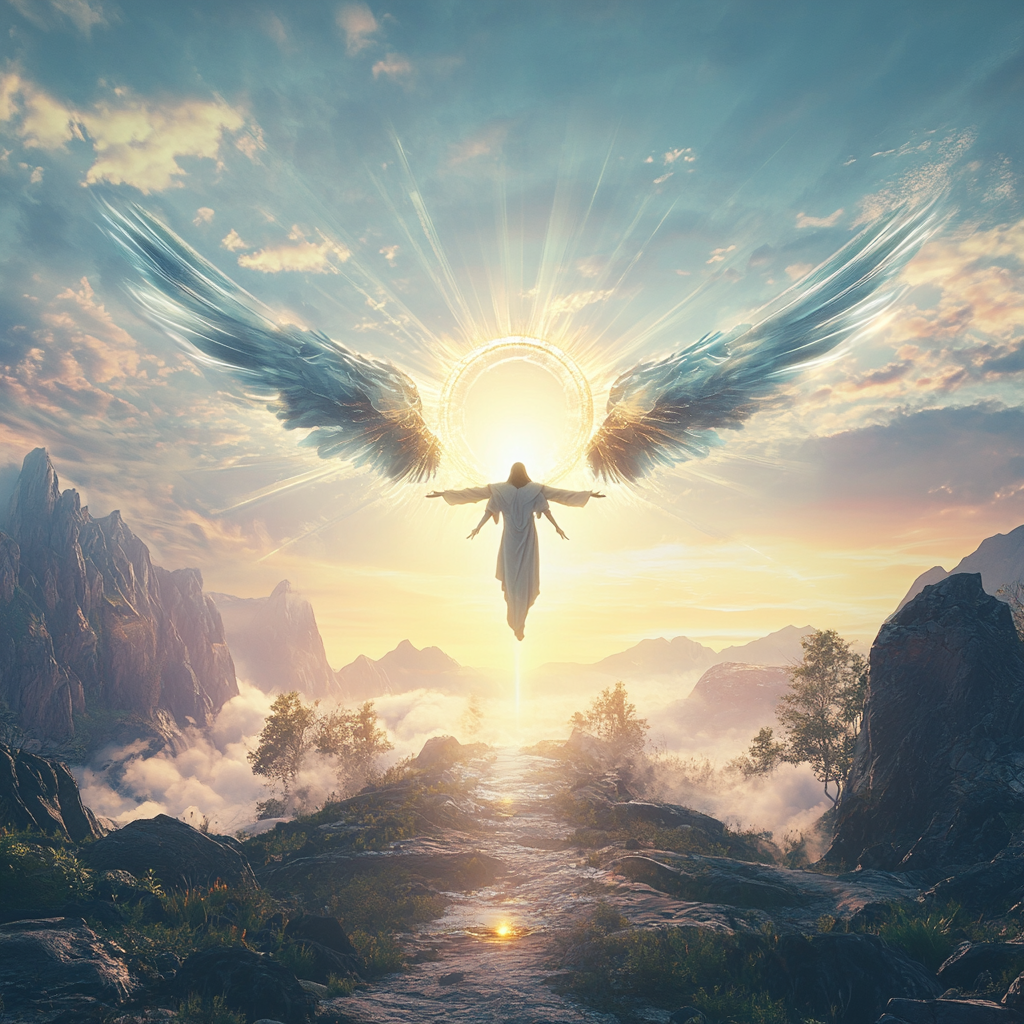 An angelic figure shining in divine landscape