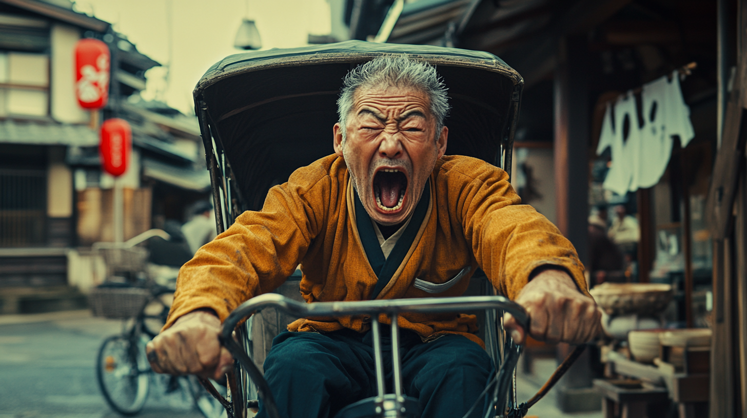 An angry Japanese man yells in front of store