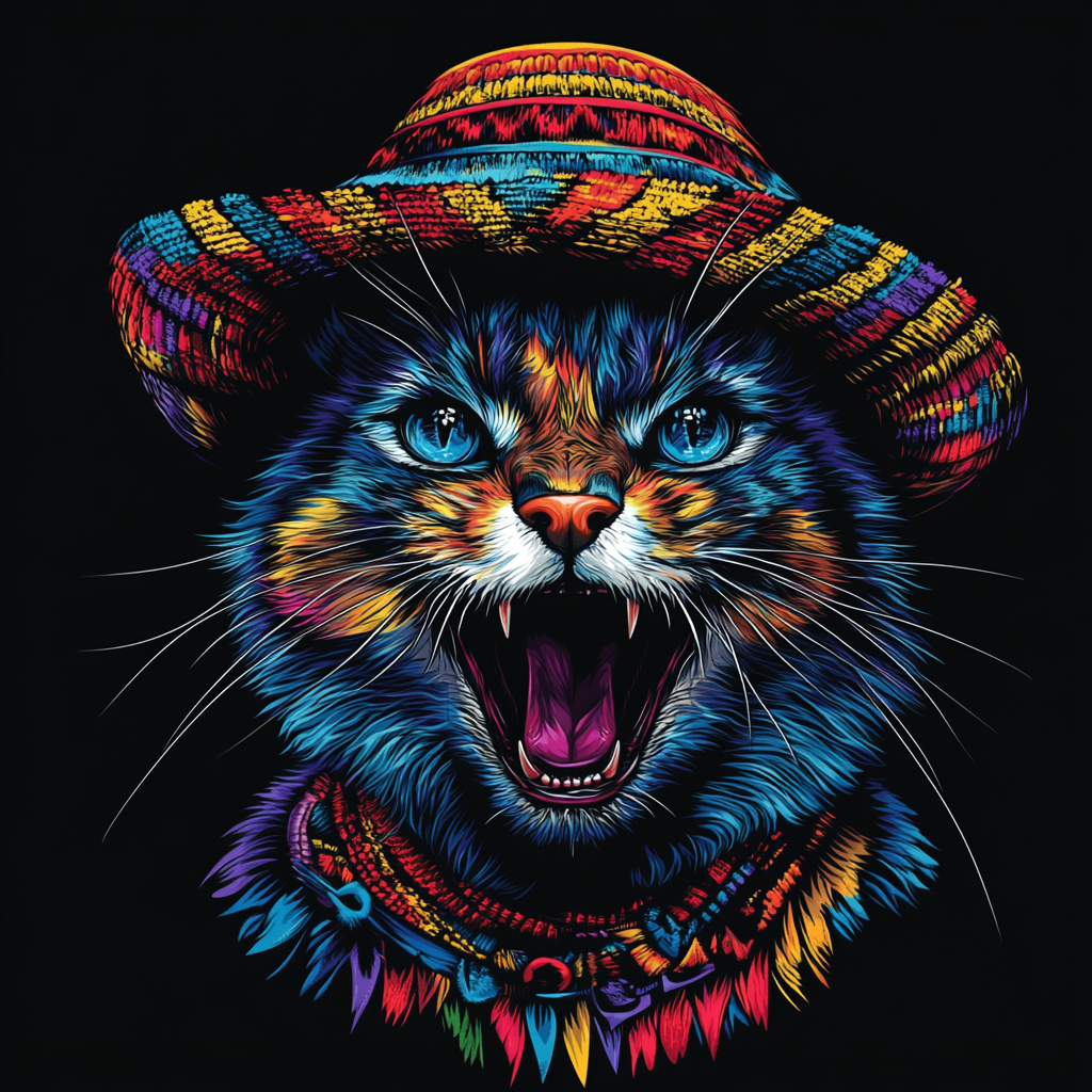 An angry cat in a bright hat on shirt