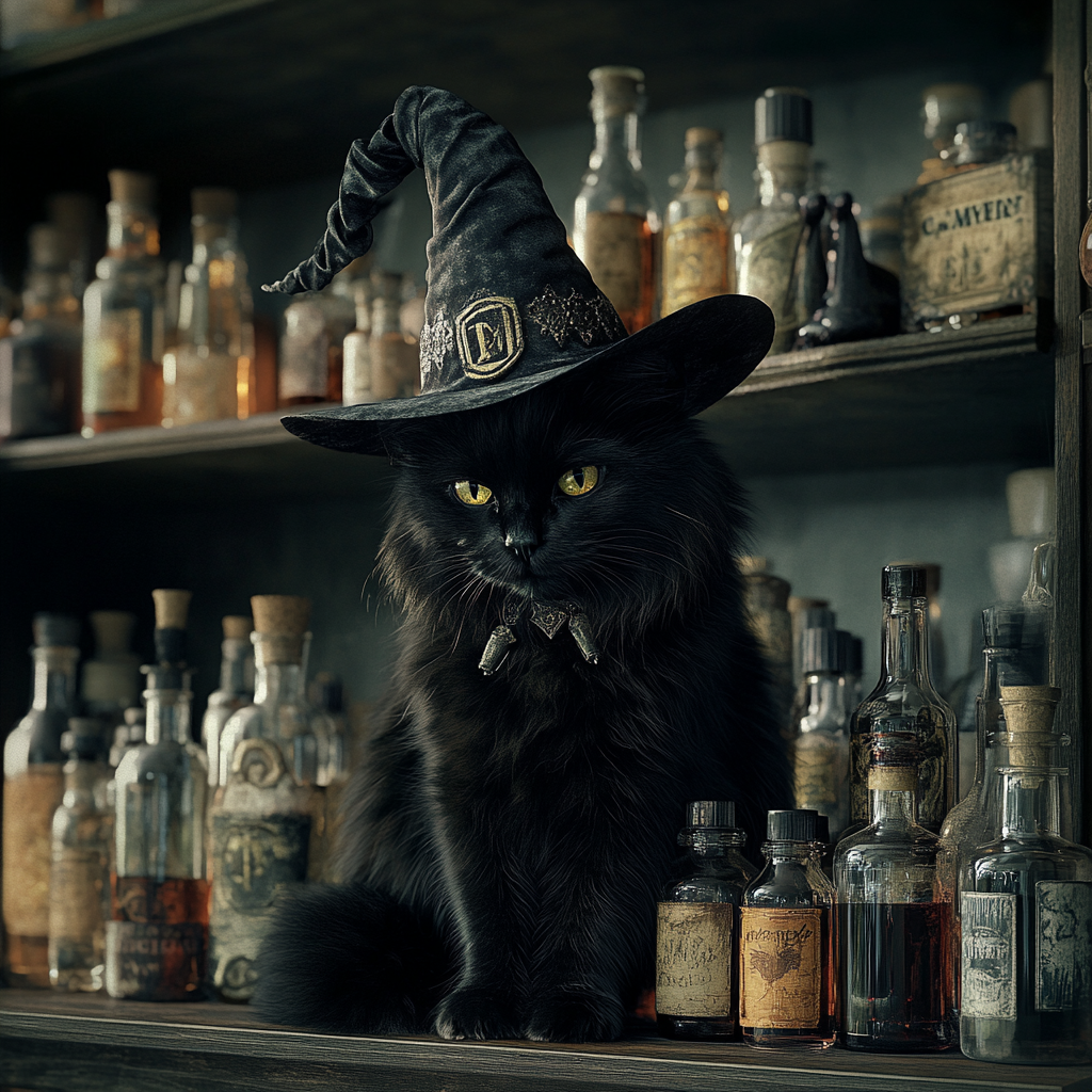 An angry cat in witch hat surrounded by potions