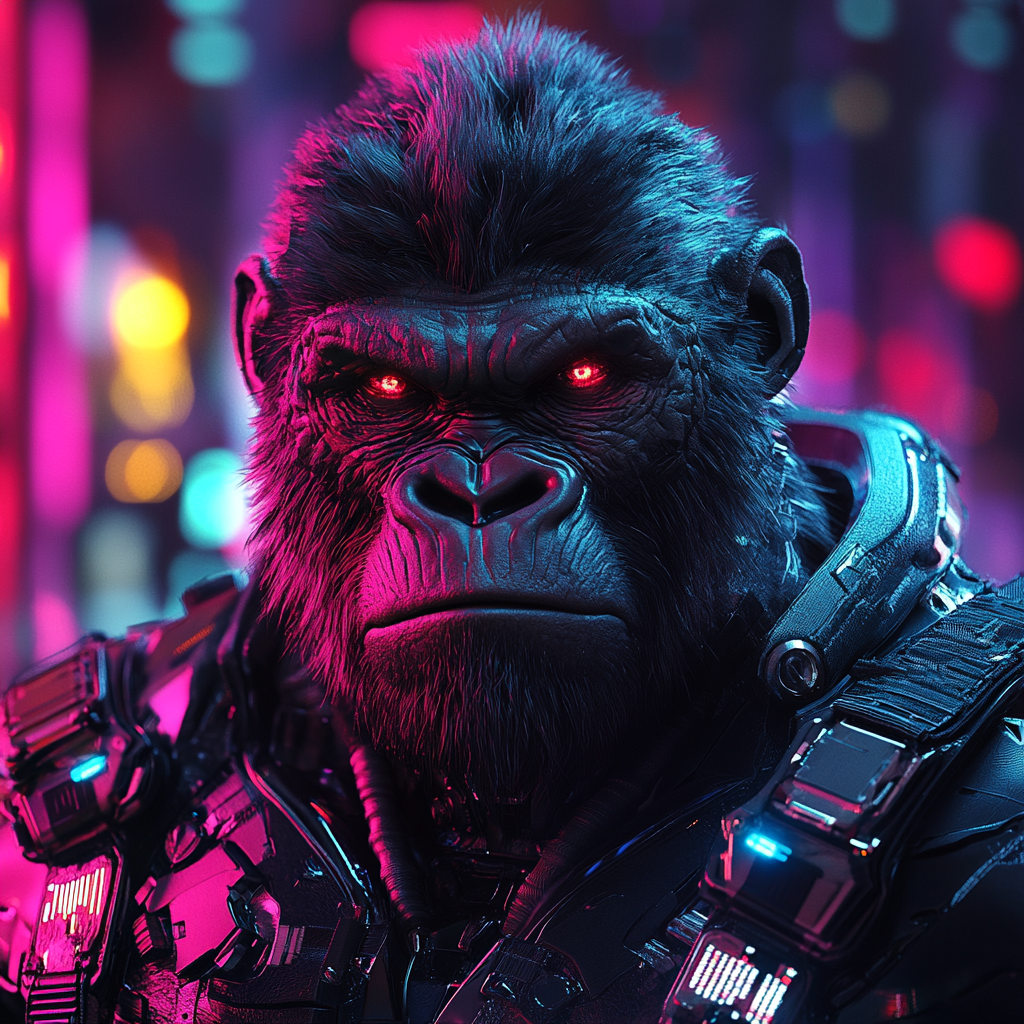 An angry cyborg gorilla with futuristic energy.