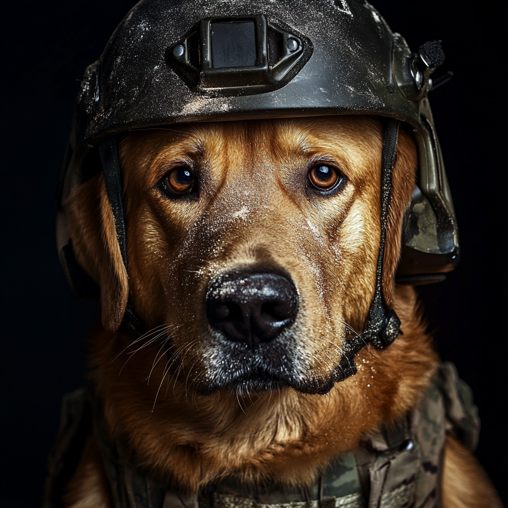 An angry dog in a military outfit