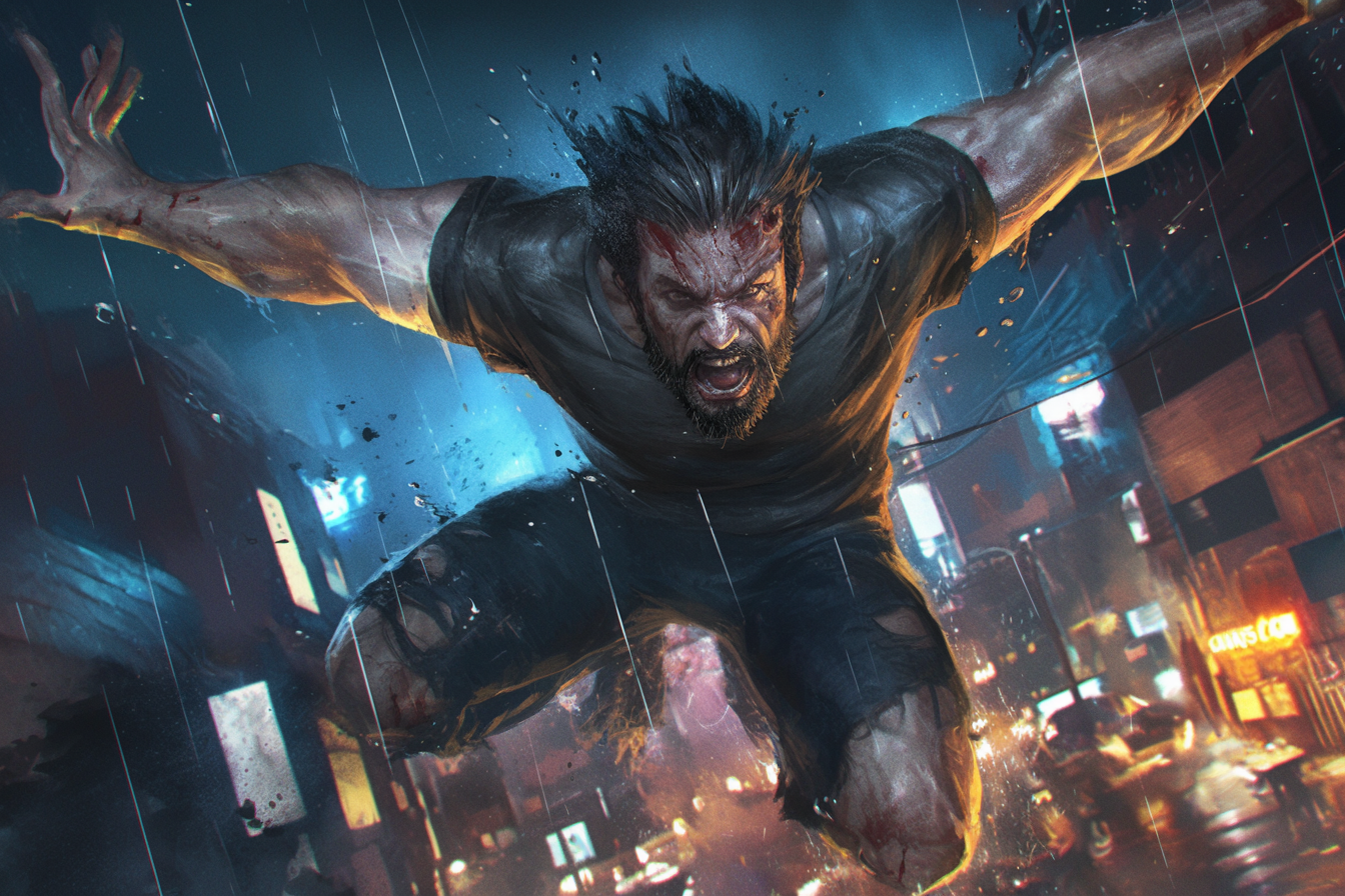 An angry man jumping in dark stormy town art.