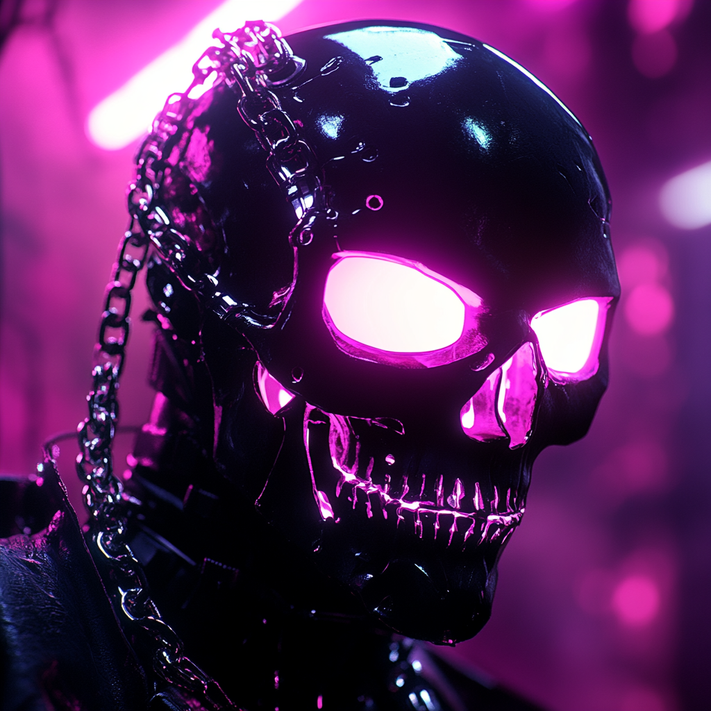 An anime-style cyberpunk skull with white eyes.