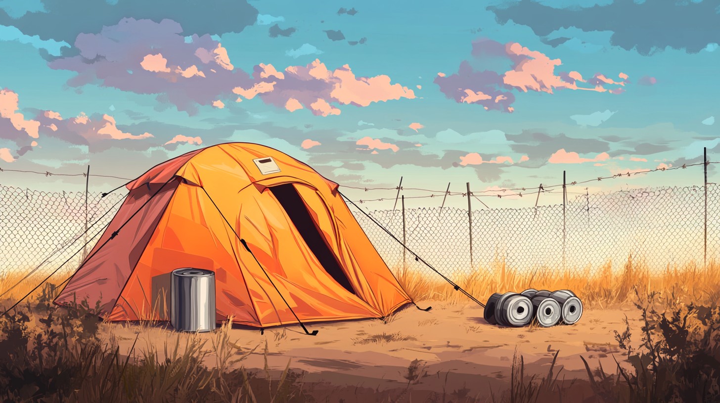 An anime-style tent with alarm surrounded by obstacles