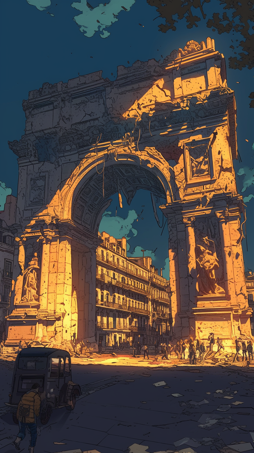 An anime version of Lisbon in ruins at night