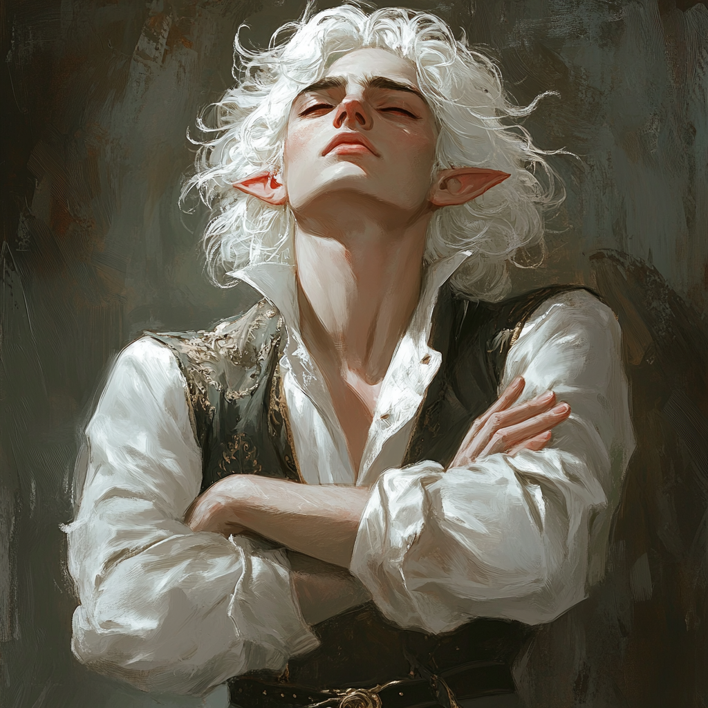 An annoyed male elf with white hair & red eyes.