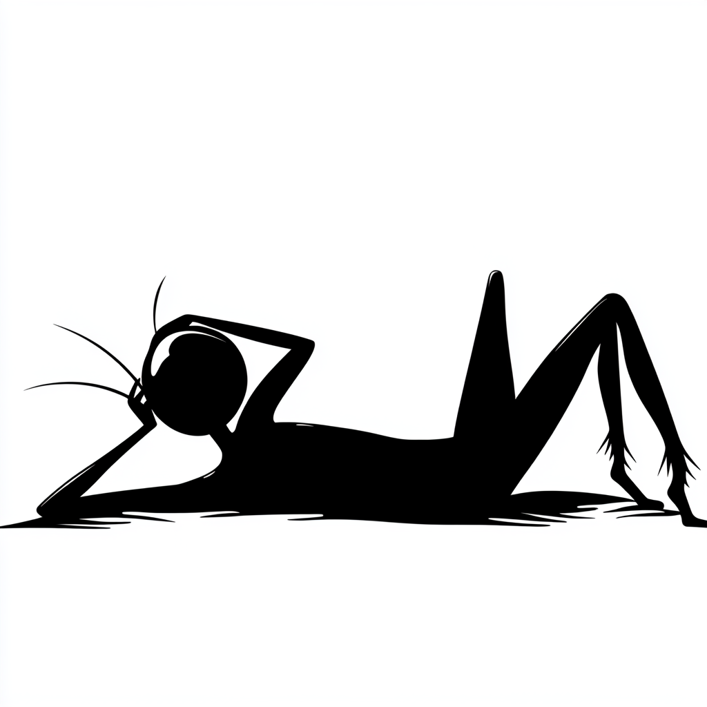 An ant resting, silhouette-like character with crossed legs