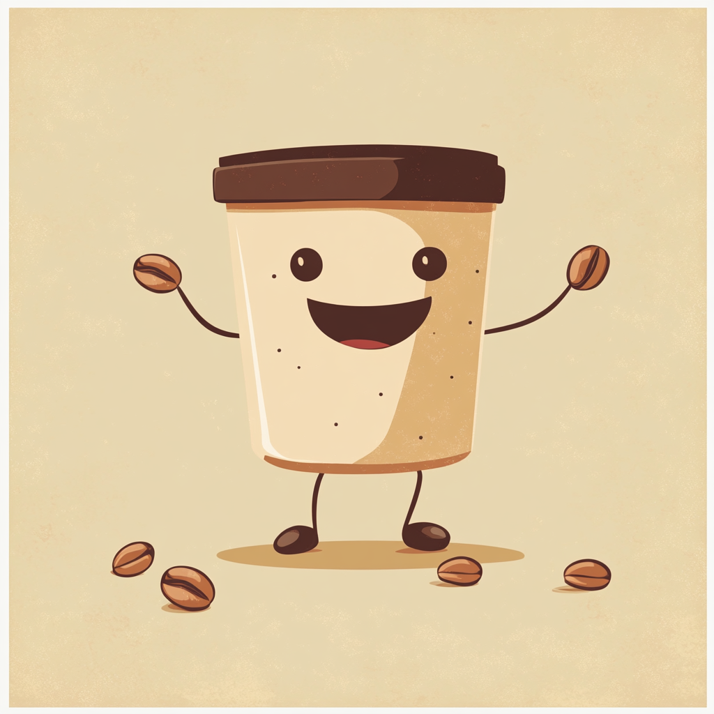 An anthropomorphic coffee cup surrounded by coffee beans illustration.