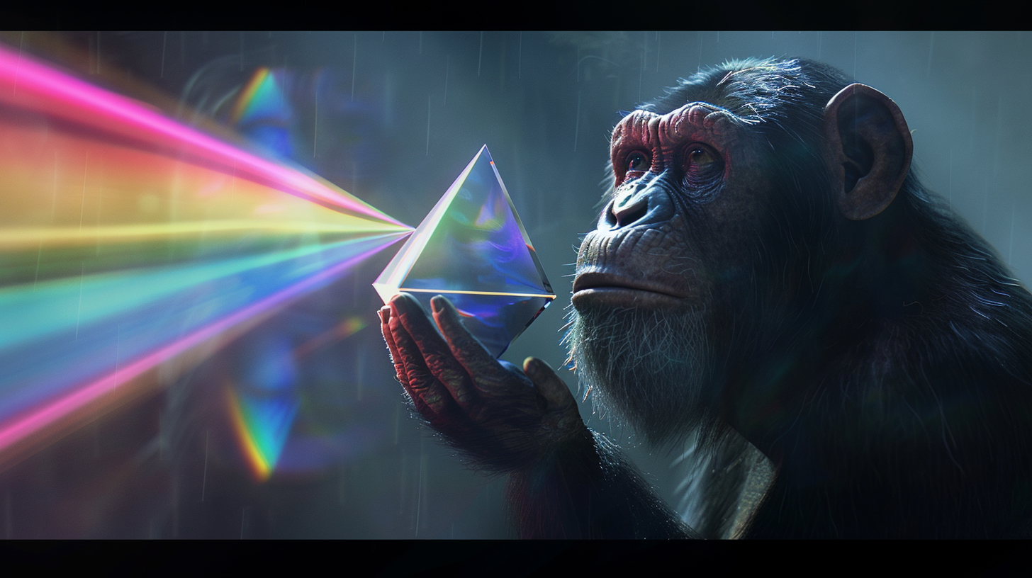 An ape with colorful light prism.