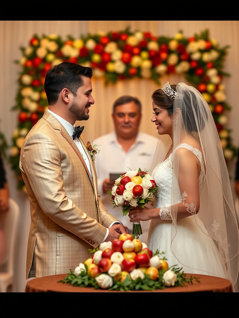 An apple-themed wedding ceremony with decorations.