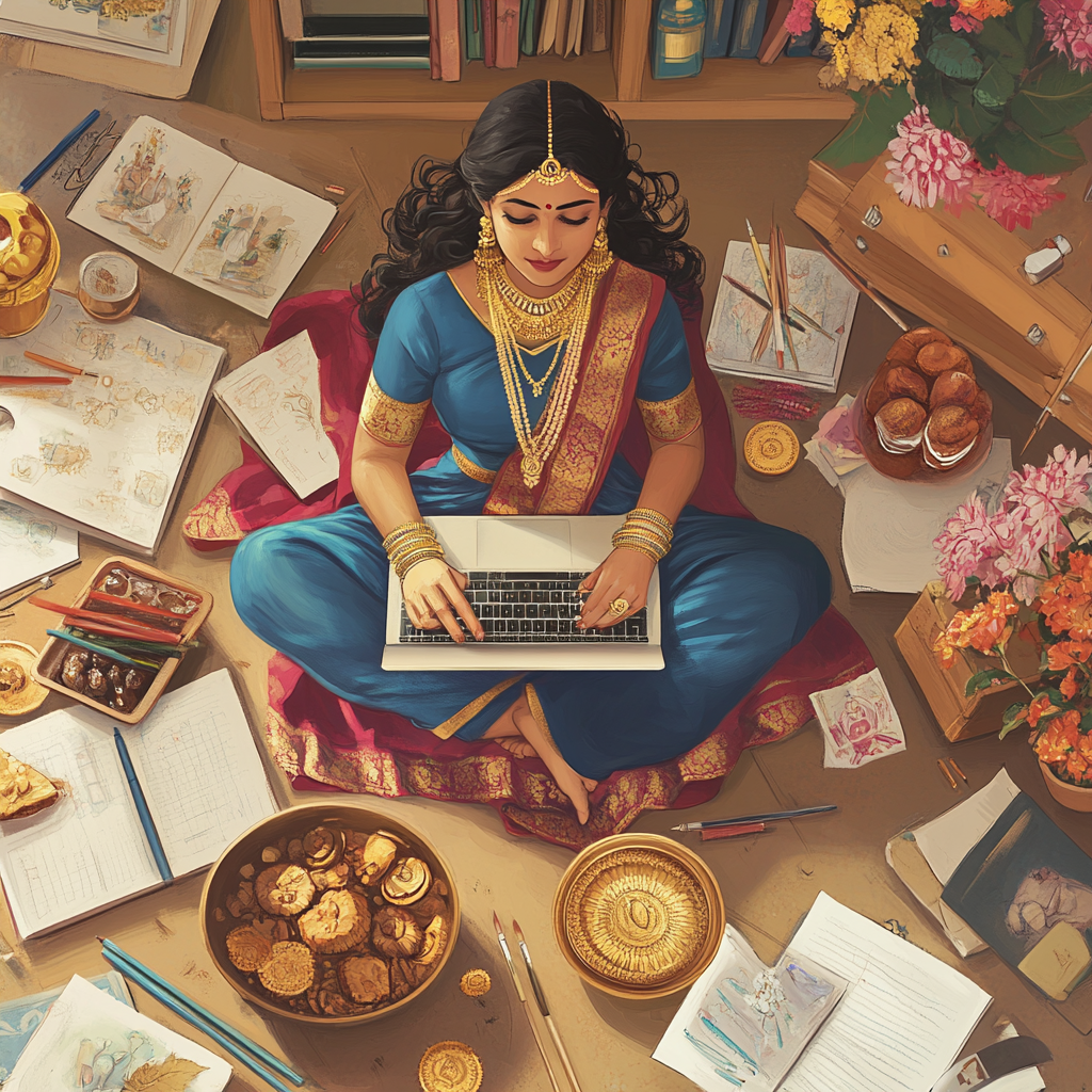 An artist painting Goddess Lakshmi on laptop