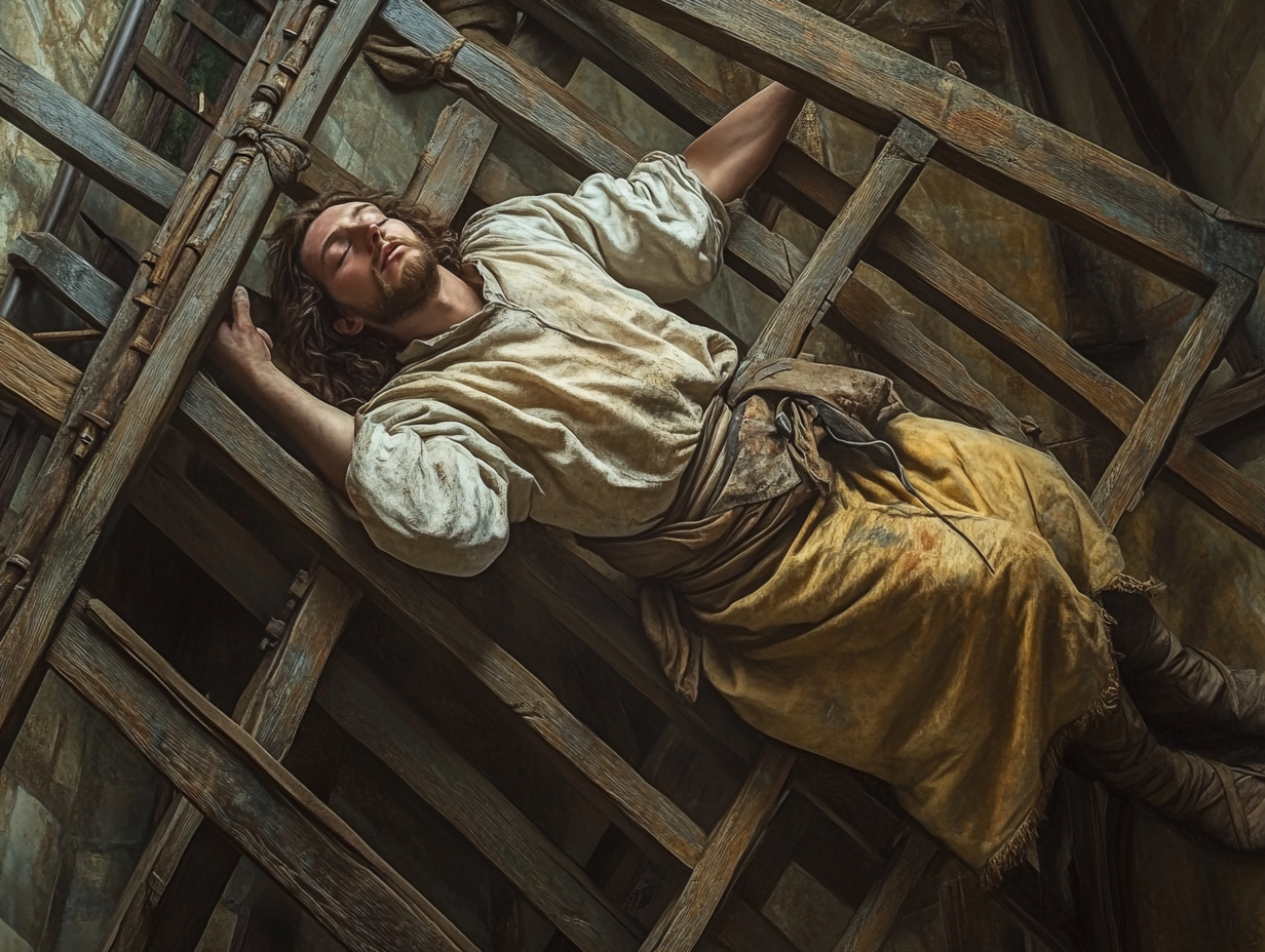 An artist painting chapel ceiling surrounded by ladders