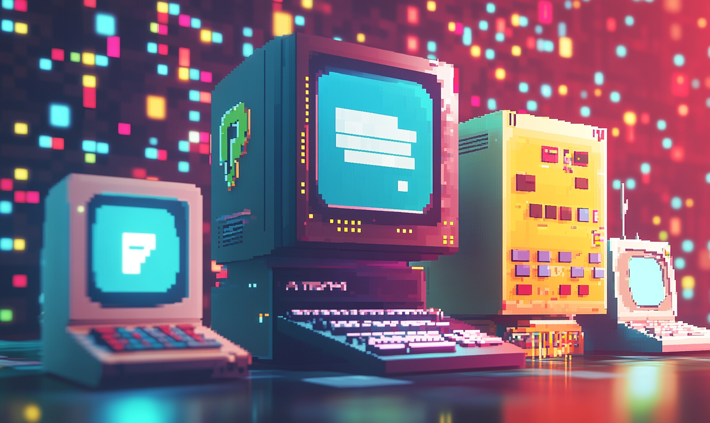 An artistic, colorful retro pixel art illustrating cybersecurity.