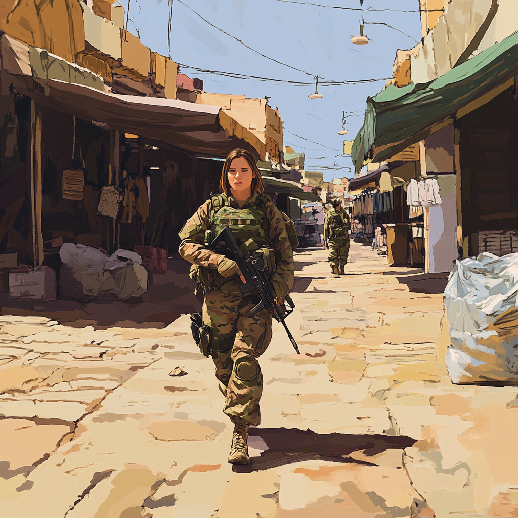 An artistic picture of a female soldier walking.