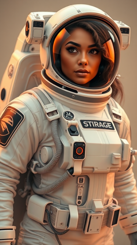 An astronaut with tan skin is curvy in the suit.